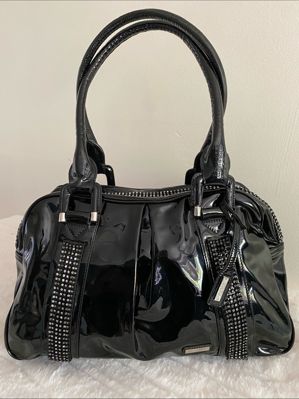 Rioni Studded Shoulder Tote in Glossy Black Patent Leather - Made in Italy